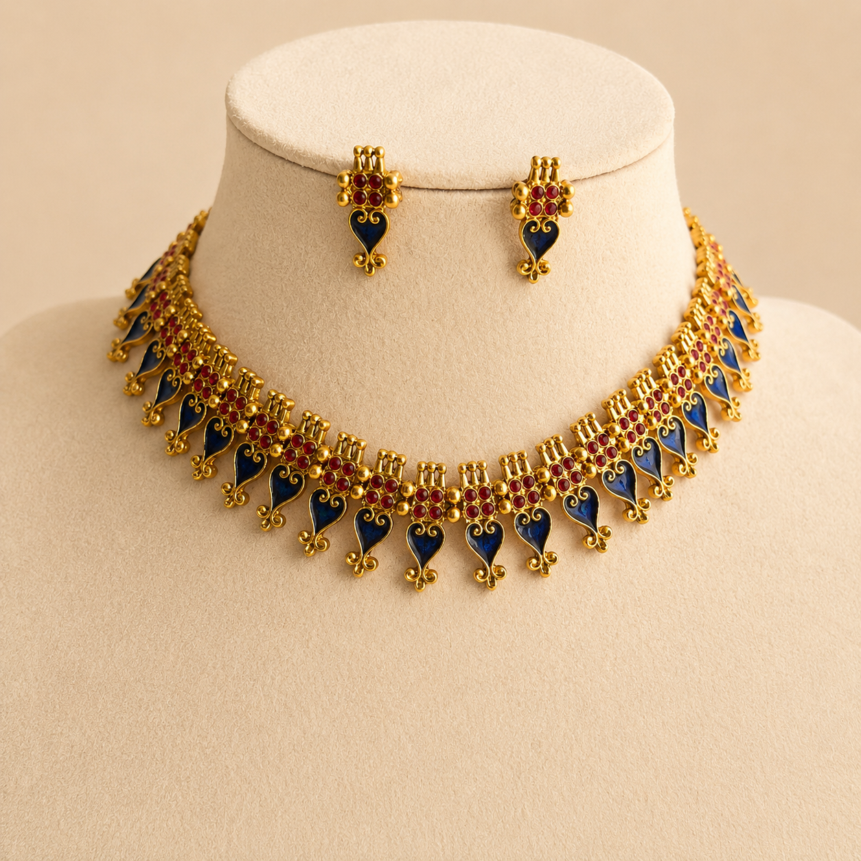 Blue Enamel Kemp Ruby Temple Necklace & Earrings Set