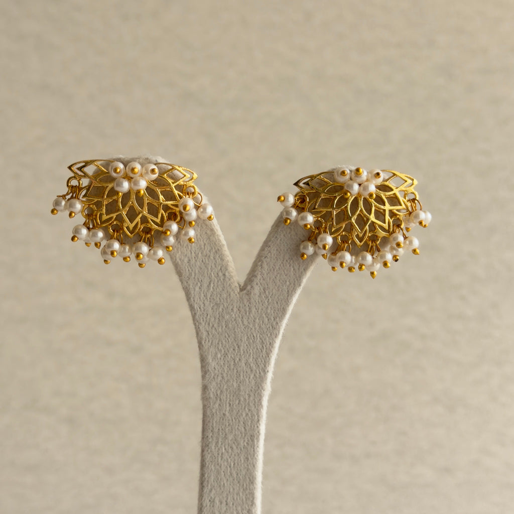 Lotus Filigree Pearl Drop Stud Earrings