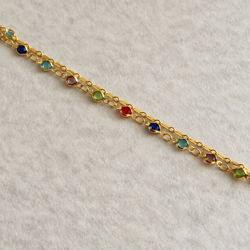 Gold Double Strand Bracelet with Multicolour Crystal Links