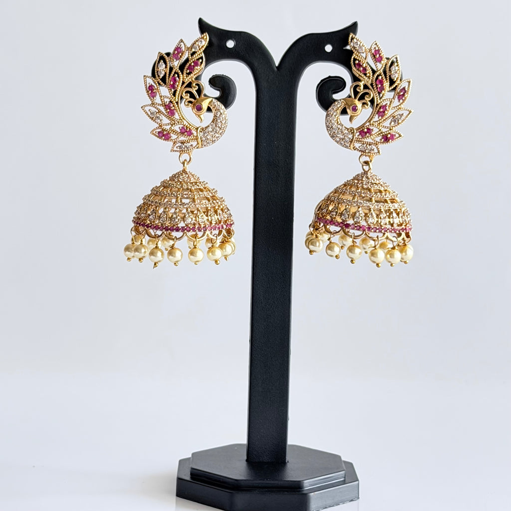 Peacock Jhumka Earrings with Ruby & Pearl