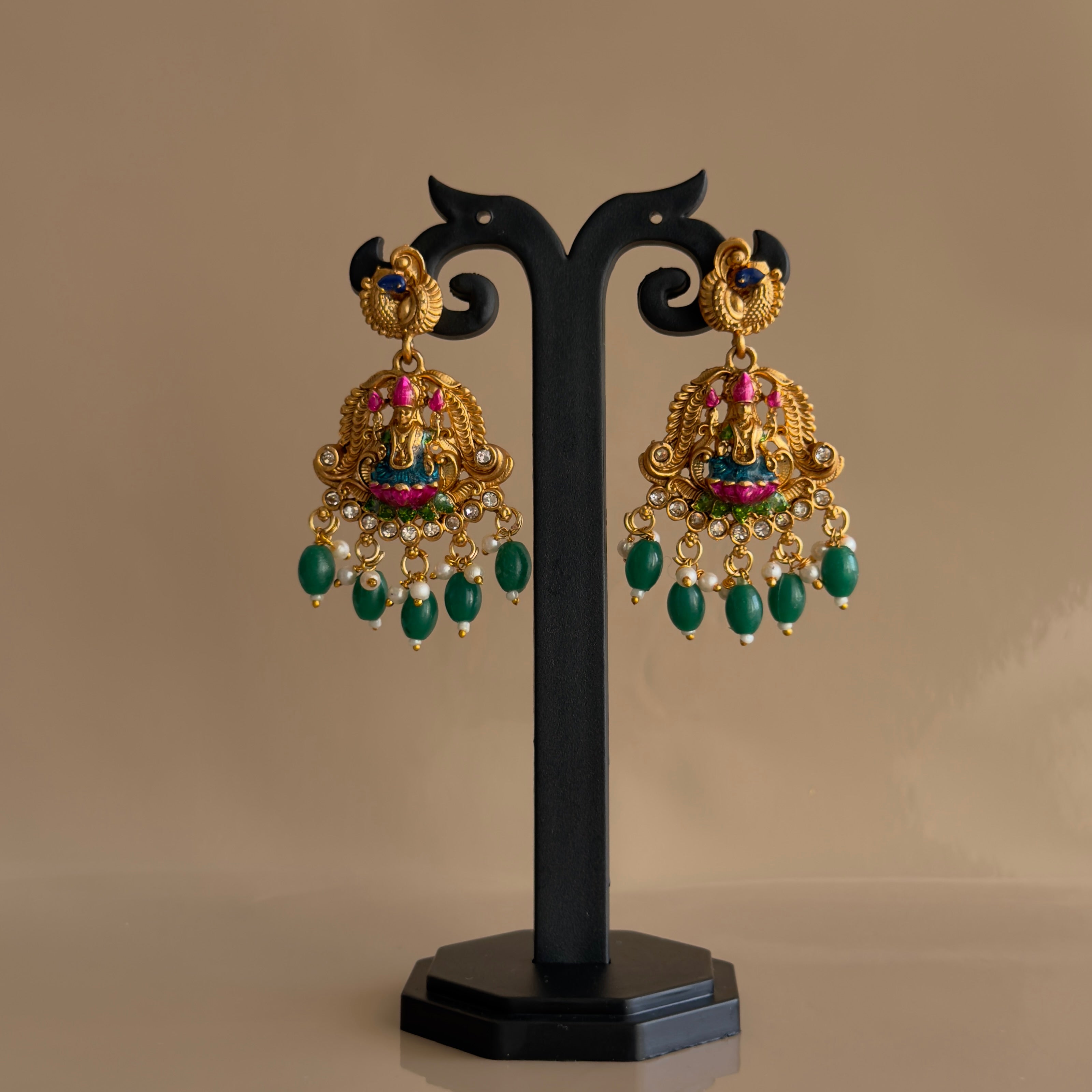 Lakshmi Temple Jhumka Necklace Set with Emerald Green Beads