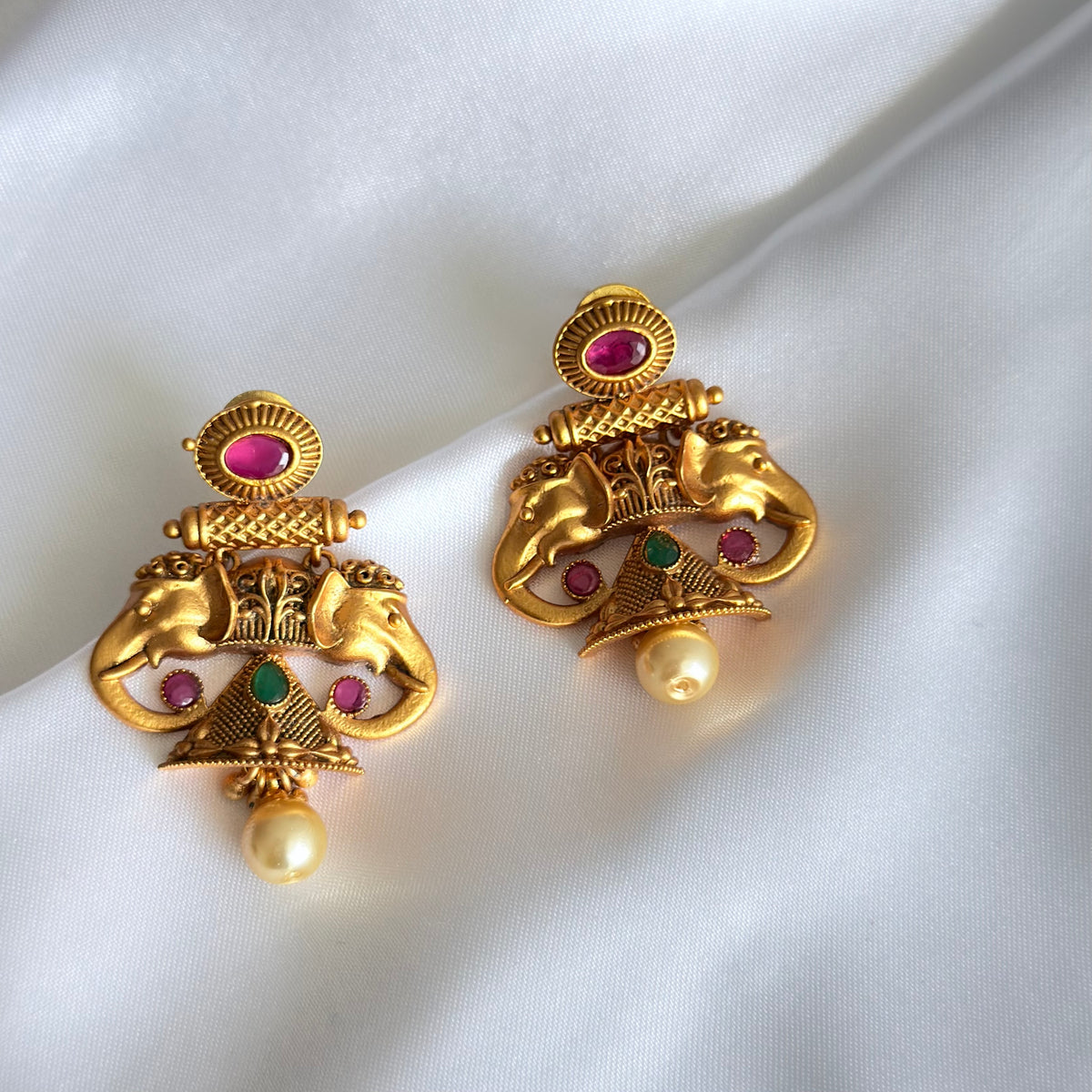 Antique Gold Elephant Jhumka Earrings with Ruby & Emerald Kemp