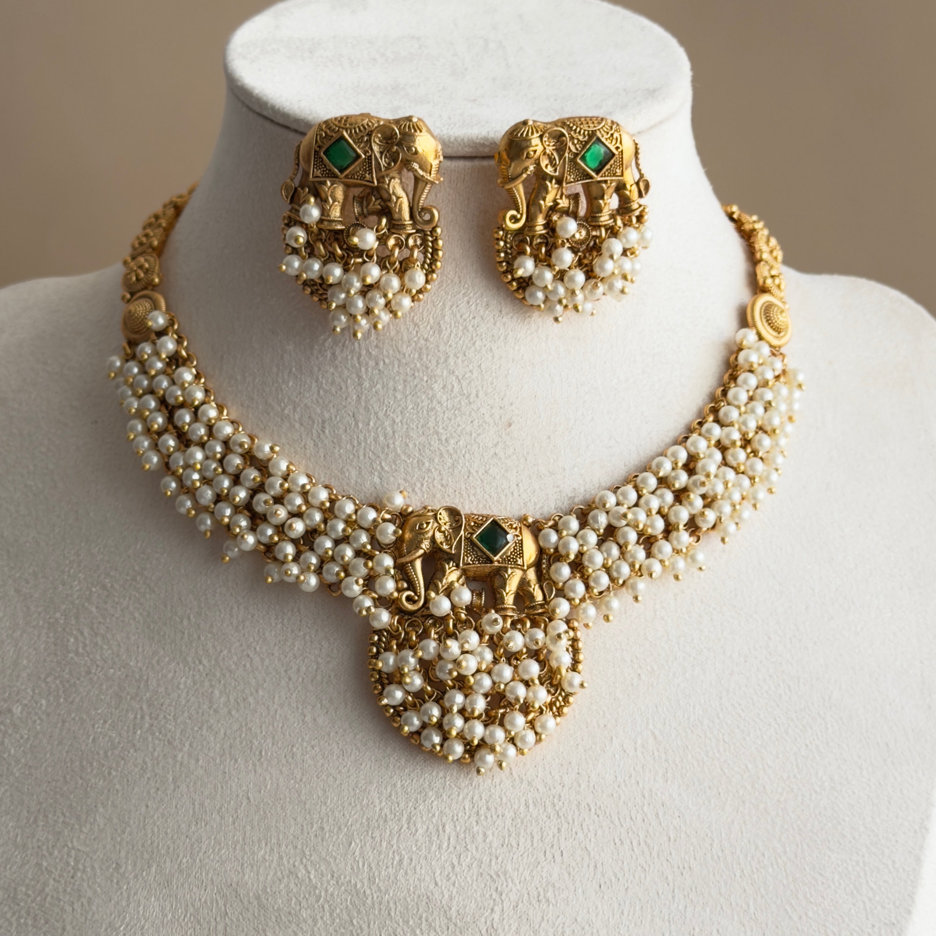 Antique Gold Temple Elephant Pearl Necklace Set with Earrings