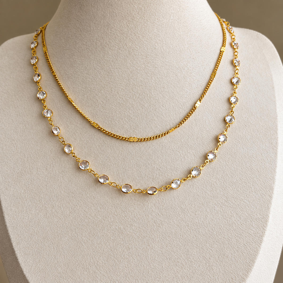 Double Layer Crystal Station & Curb Chain Necklace Set