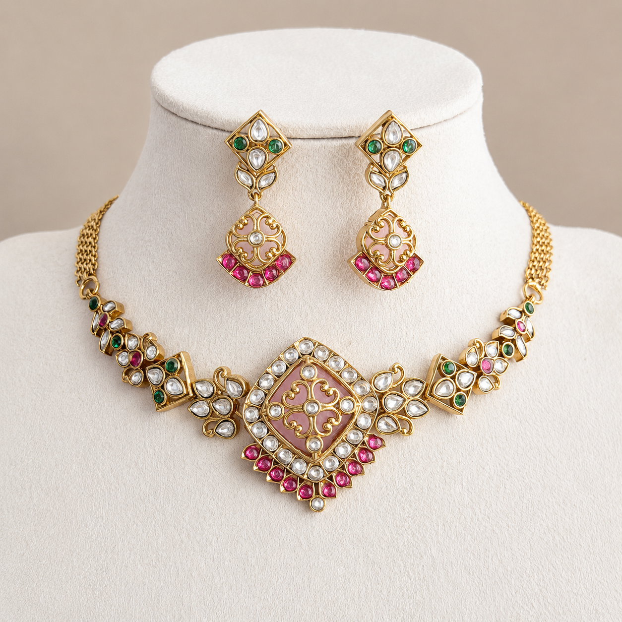 Kundan Diamond-Cut Necklace Set with Earrings