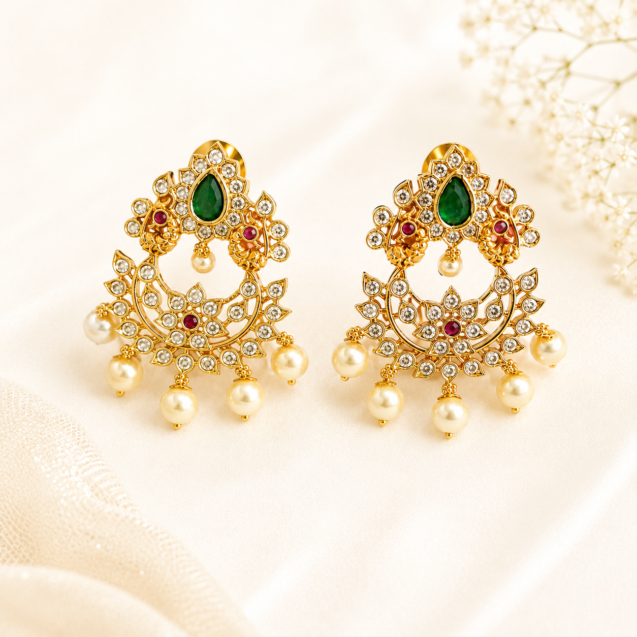 Emerald Pearl Chandbali Earrings
