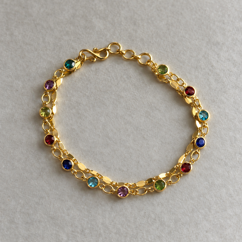 Gold Double Strand Bracelet with Multicolour Crystal Links