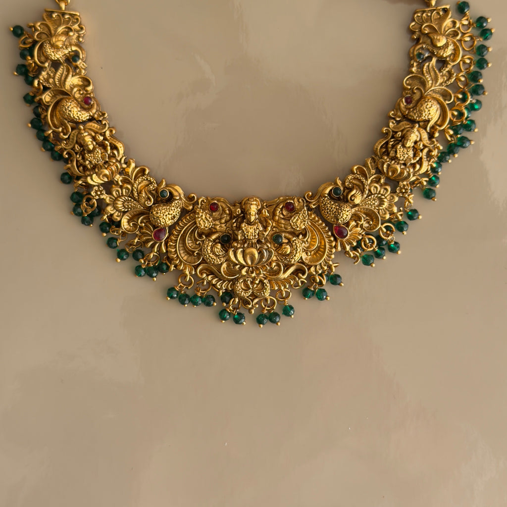 Lakshmi Peacock Nakshi Temple Necklace & Jhumka Earrings Set with Emerald Bead Drops