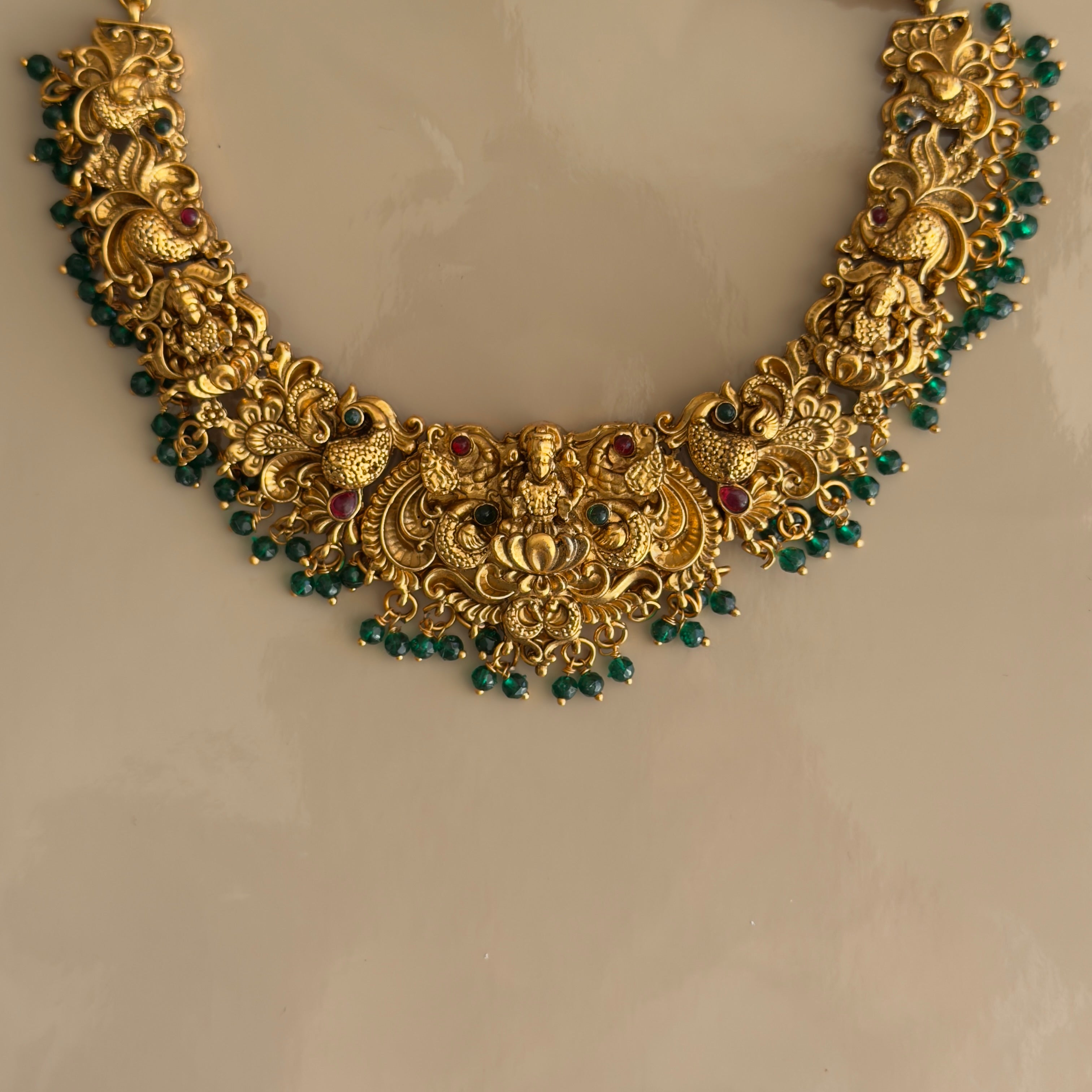 Lakshmi Peacock Nakshi Temple Necklace & Jhumka Earrings Set with Emerald Bead Drops