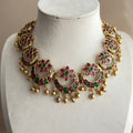 Ruby Kemp Emerald Chandbali Temple Necklace & Earrings Set with Gold Bead Drops