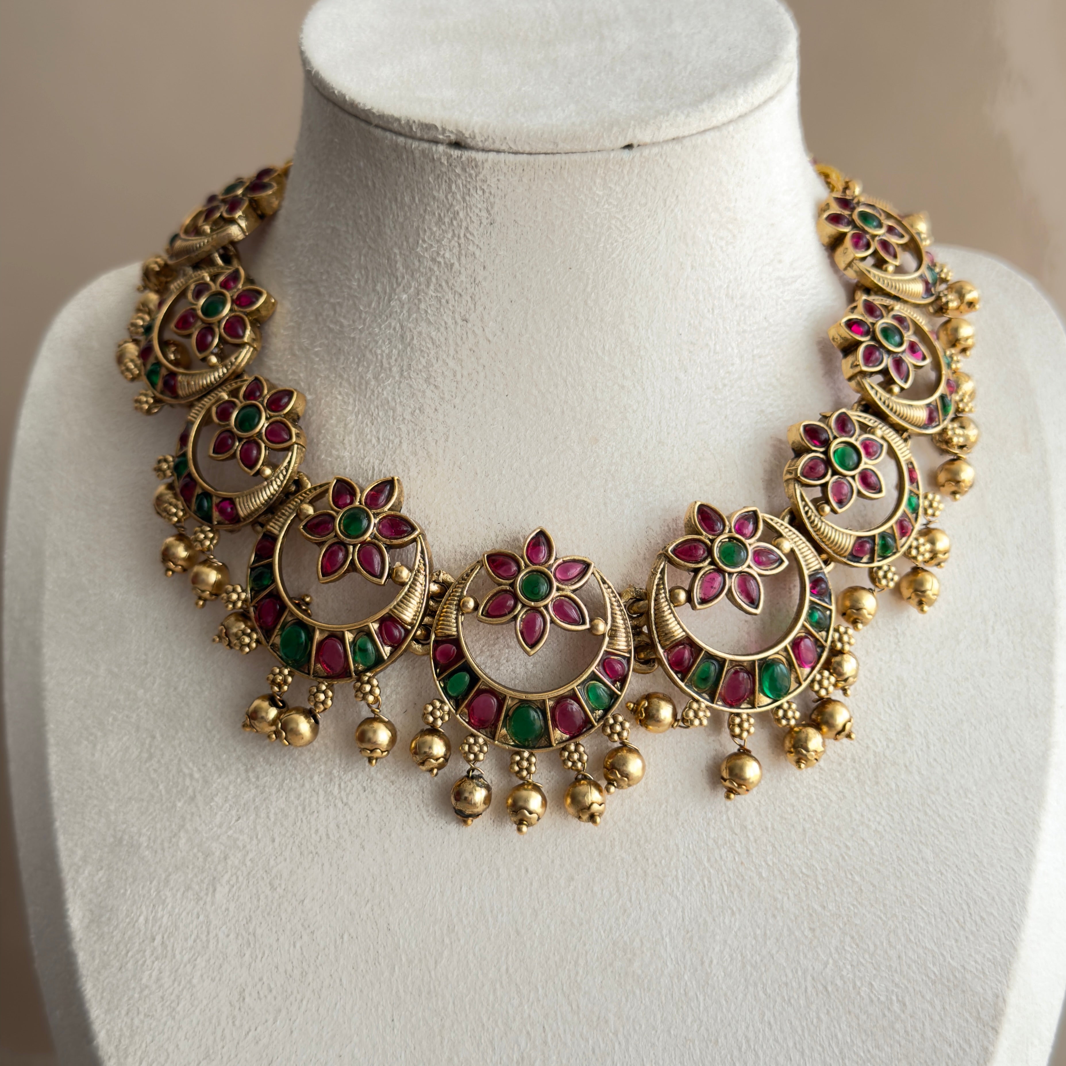 Ruby Kemp Emerald Chandbali Temple Necklace & Earrings Set with Gold Bead Drops