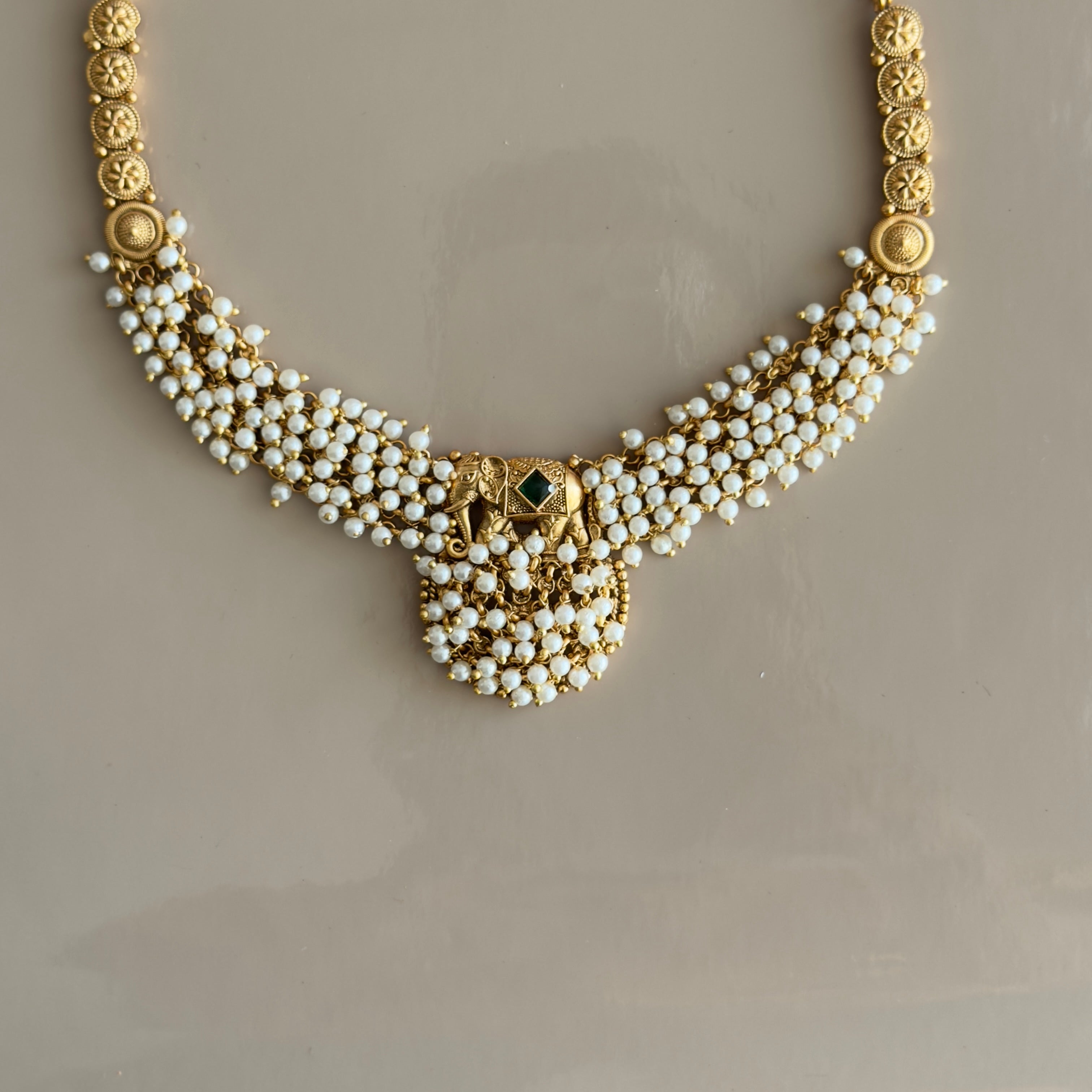 Antique Gold Temple Elephant Pearl Necklace Set with Earrings