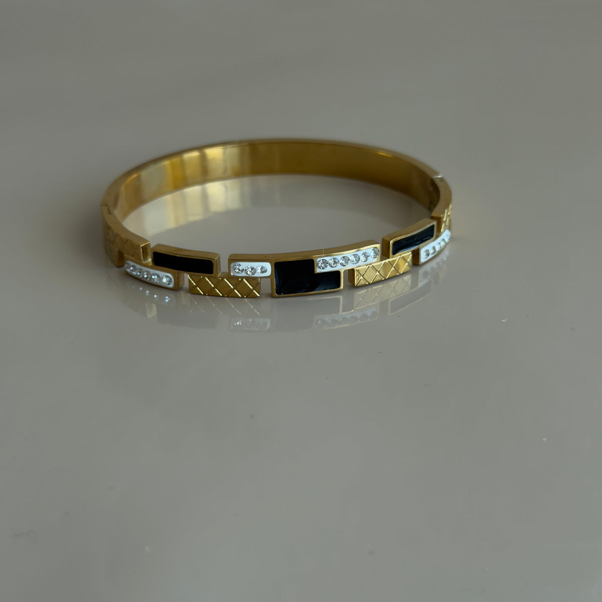 Gold Black Enamel & Diamond Quilted Bracelet