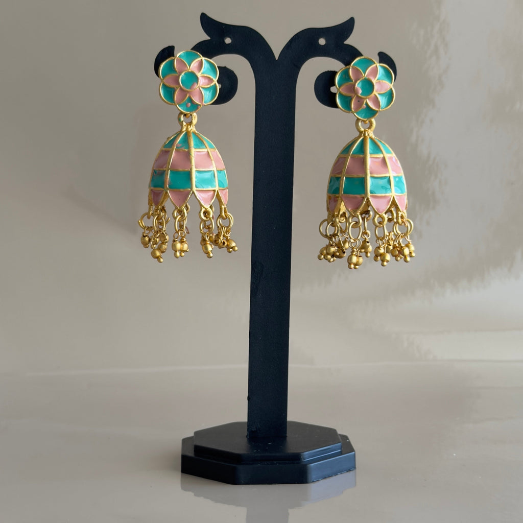 Mint & Pink Meenakari Necklace Set with Jhumka Earrings