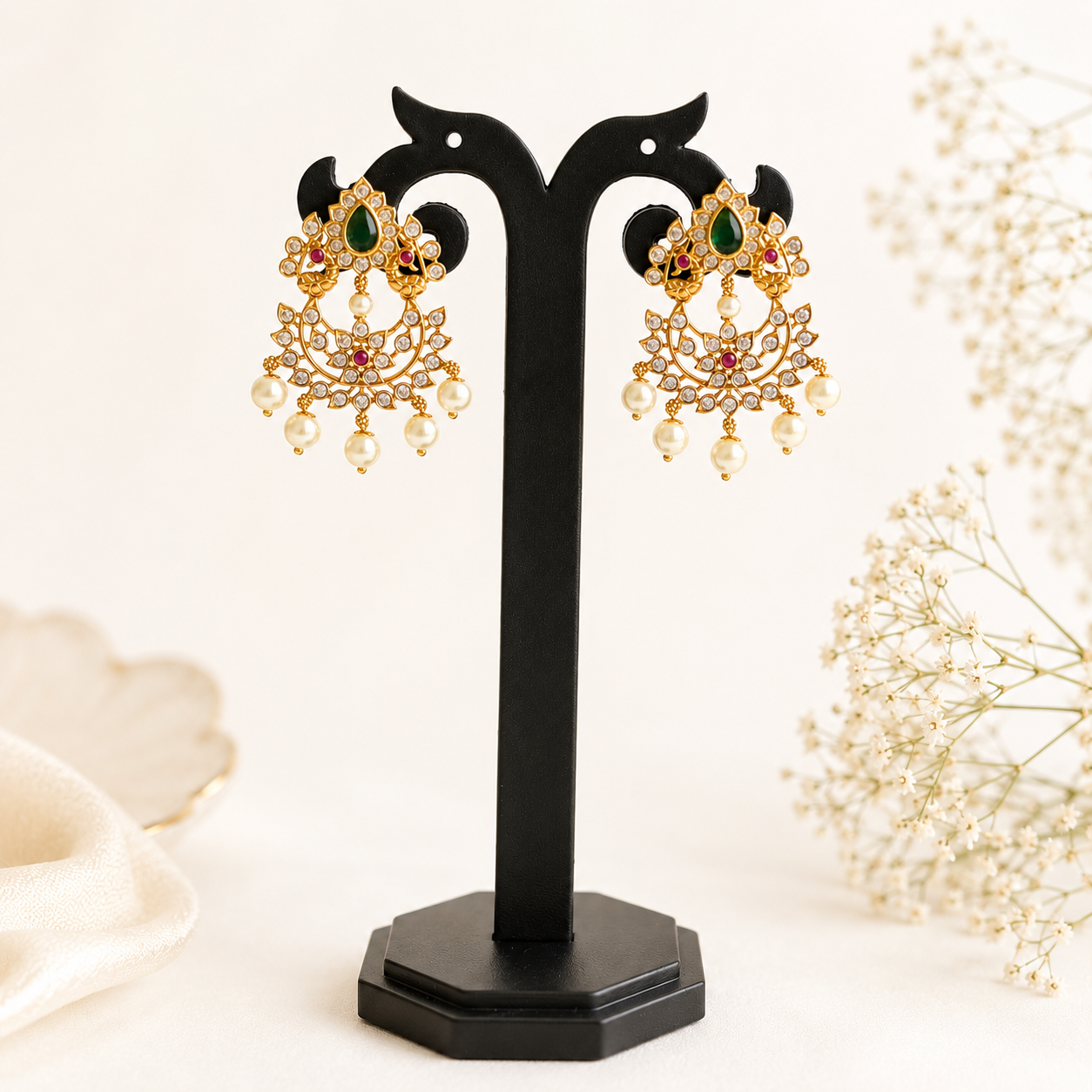 Emerald Pearl Chandbali Earrings
