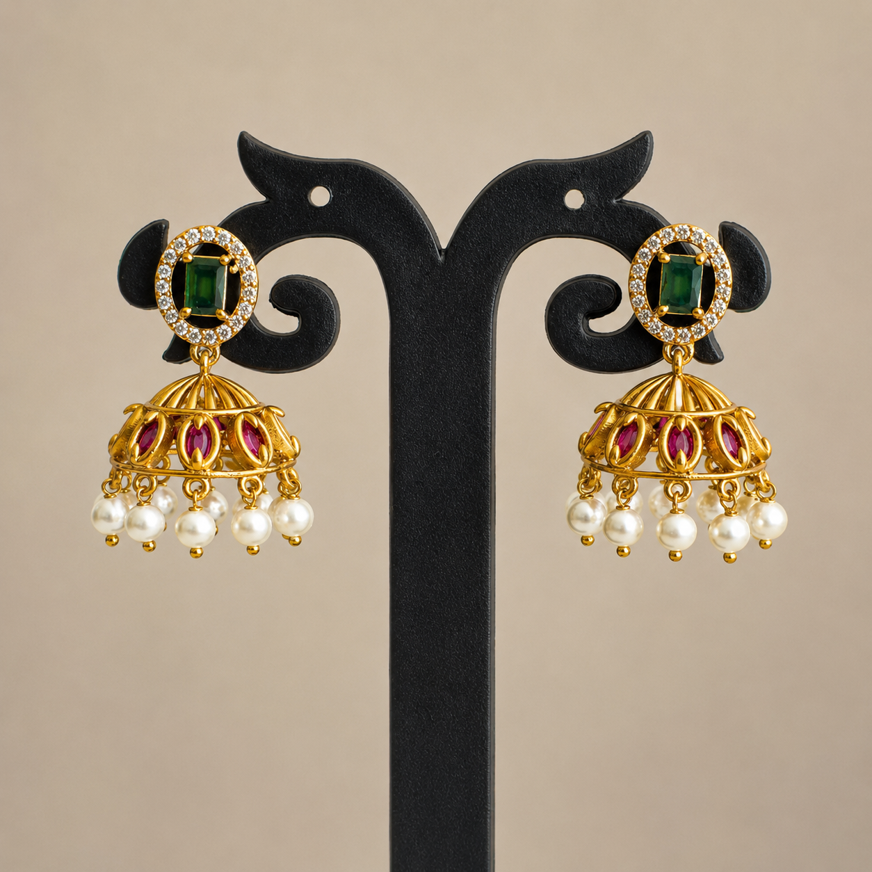 Antique Gold Kemp & Emerald Choker Necklace Set with Pearl Jhumka Earrings