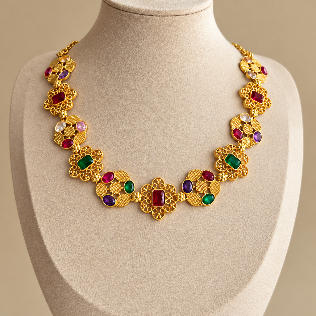 18K Gold Coated Navratna Filigree Necklace