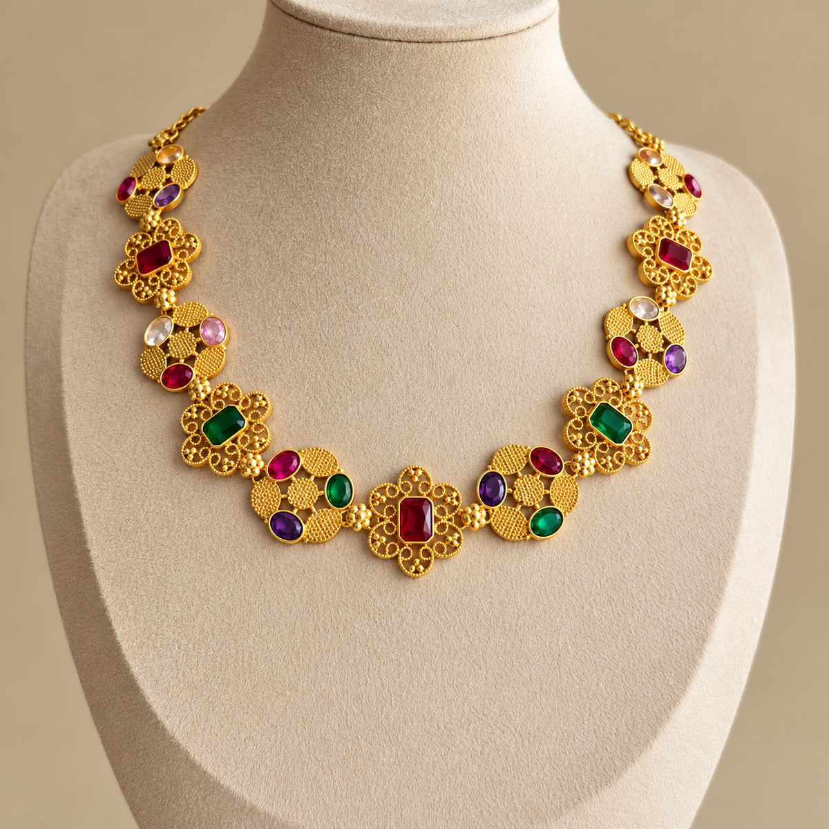 18K Gold Coated Navratna Filigree Necklace