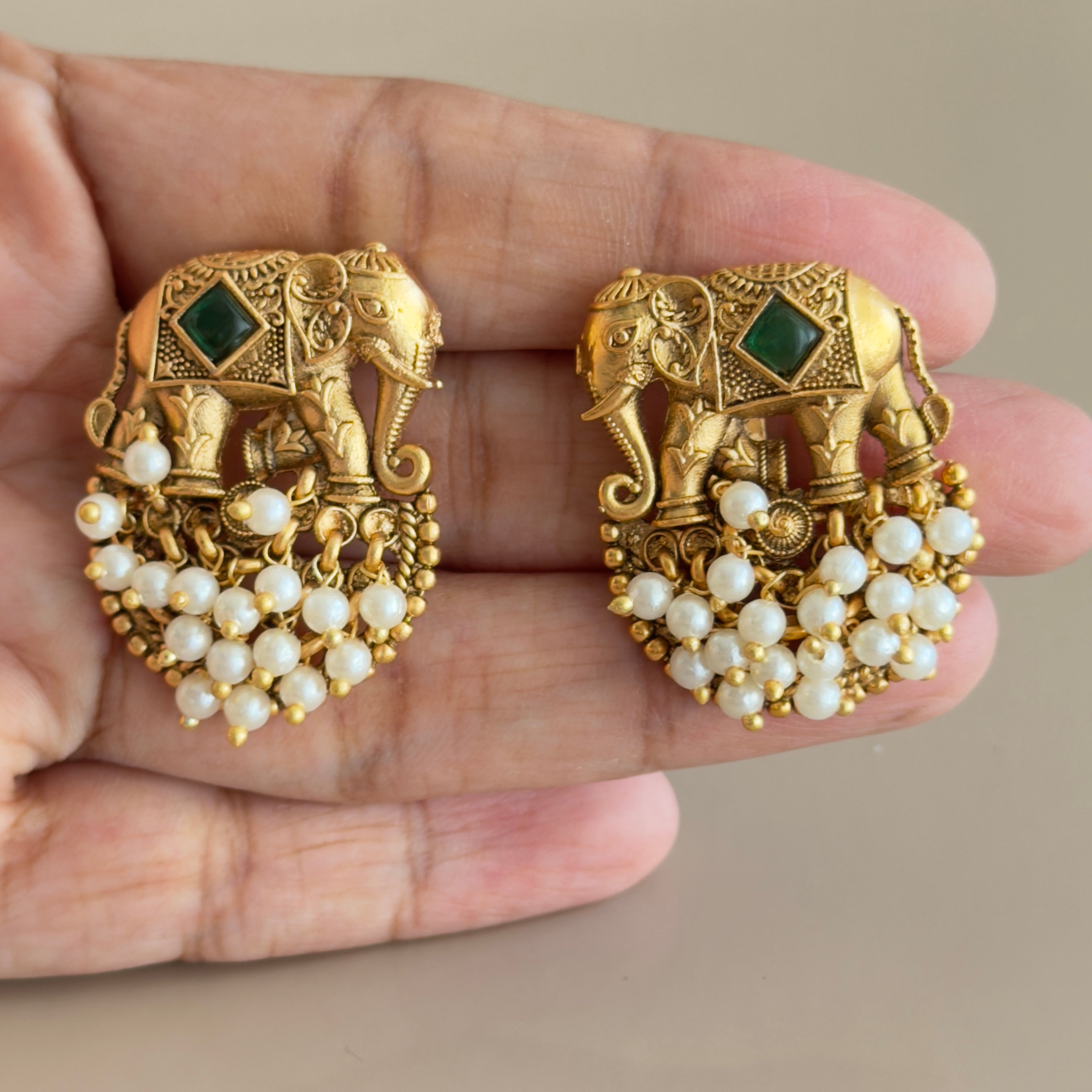 Antique Gold Temple Elephant Pearl Necklace Set with Earrings