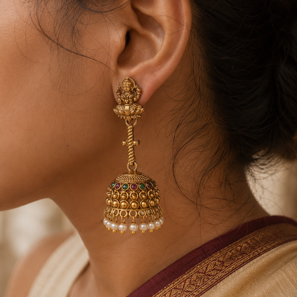 Lakshmi Motif Long Neck Jhumka