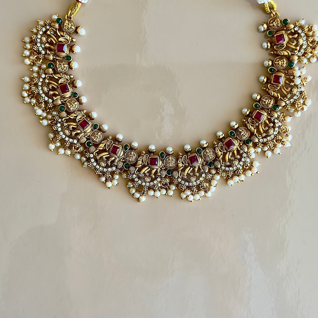 Antique Elephant Temple Necklace Set with Pearl Drops