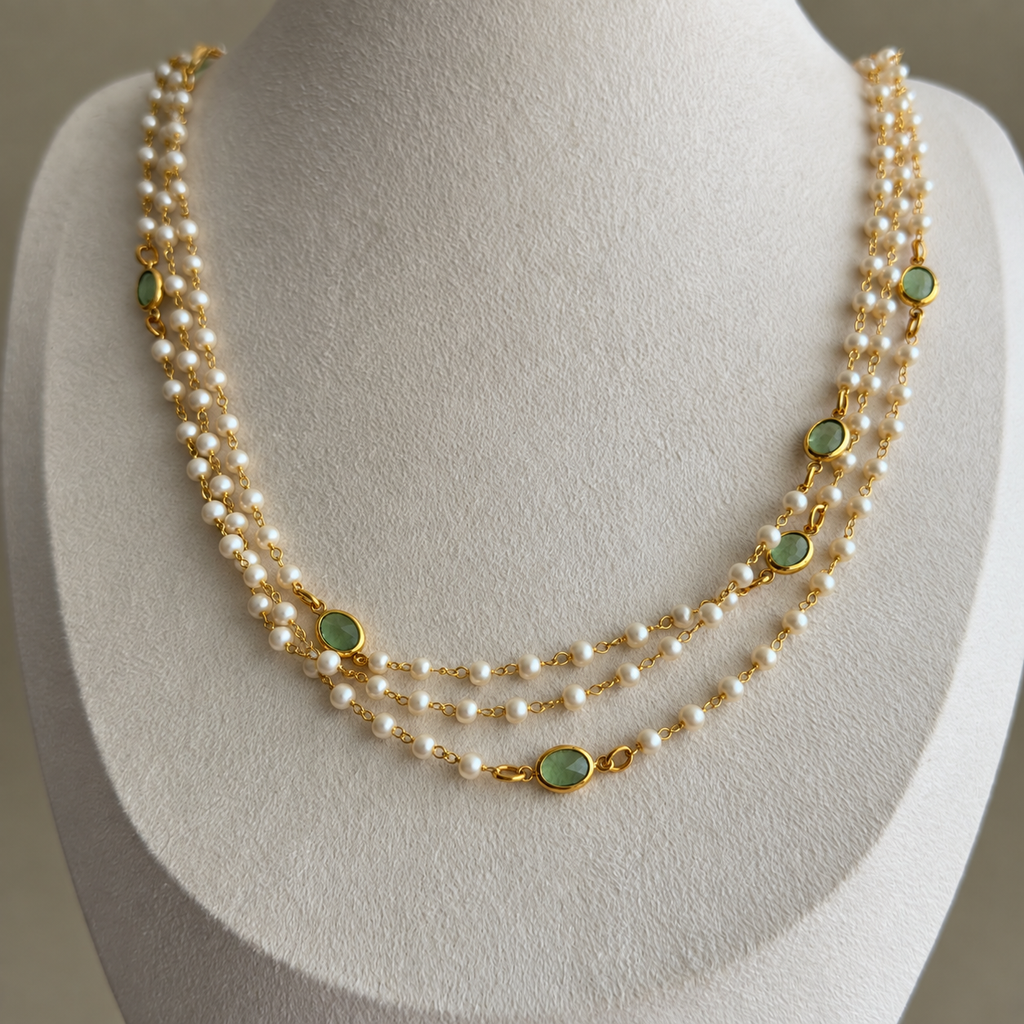 Triple Layered Pearl with Parrot Green Stone Necklace