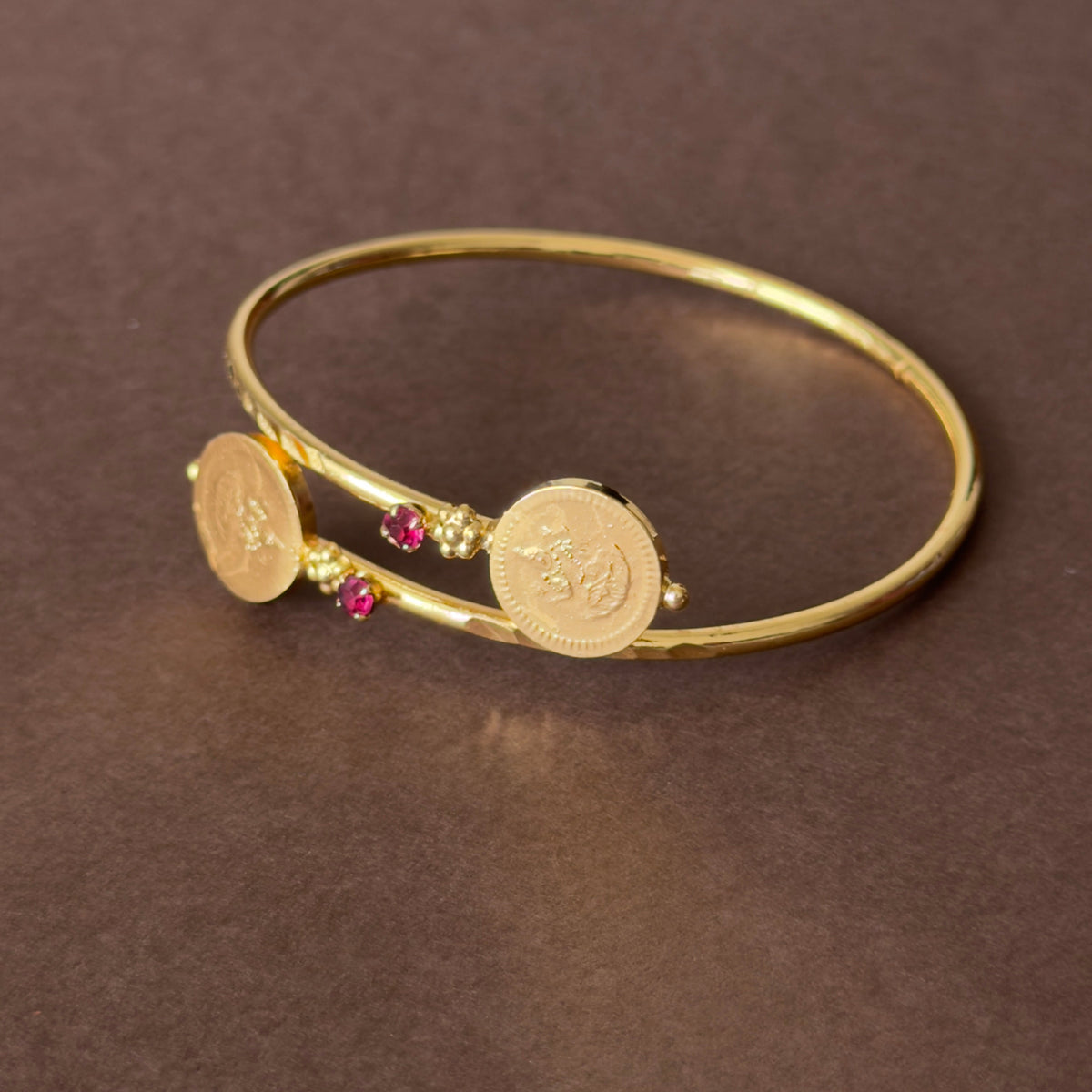 Gold Coin Bangle with Ruby Crystals