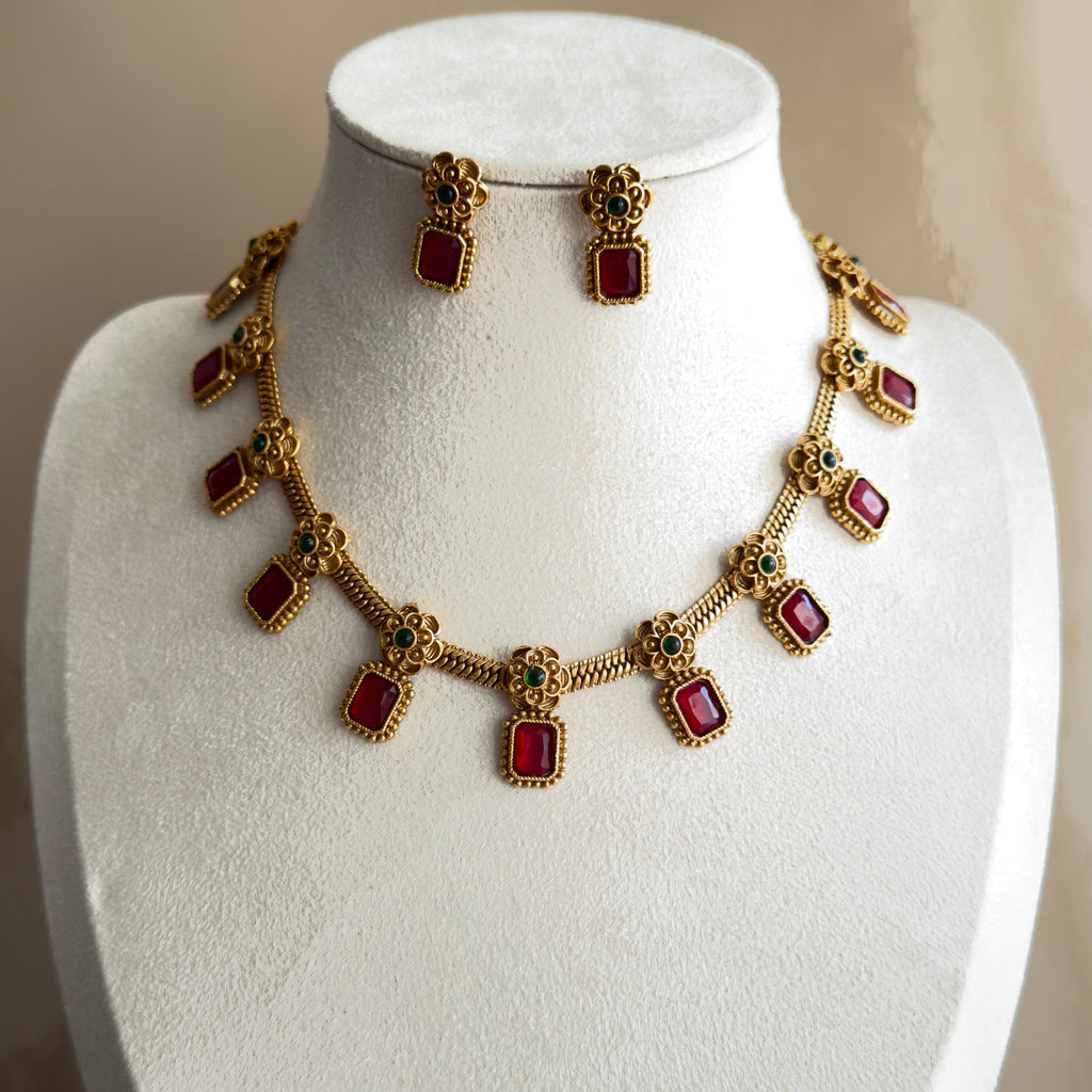 Kemp Ruby Square Stone Necklace & Earrings Set