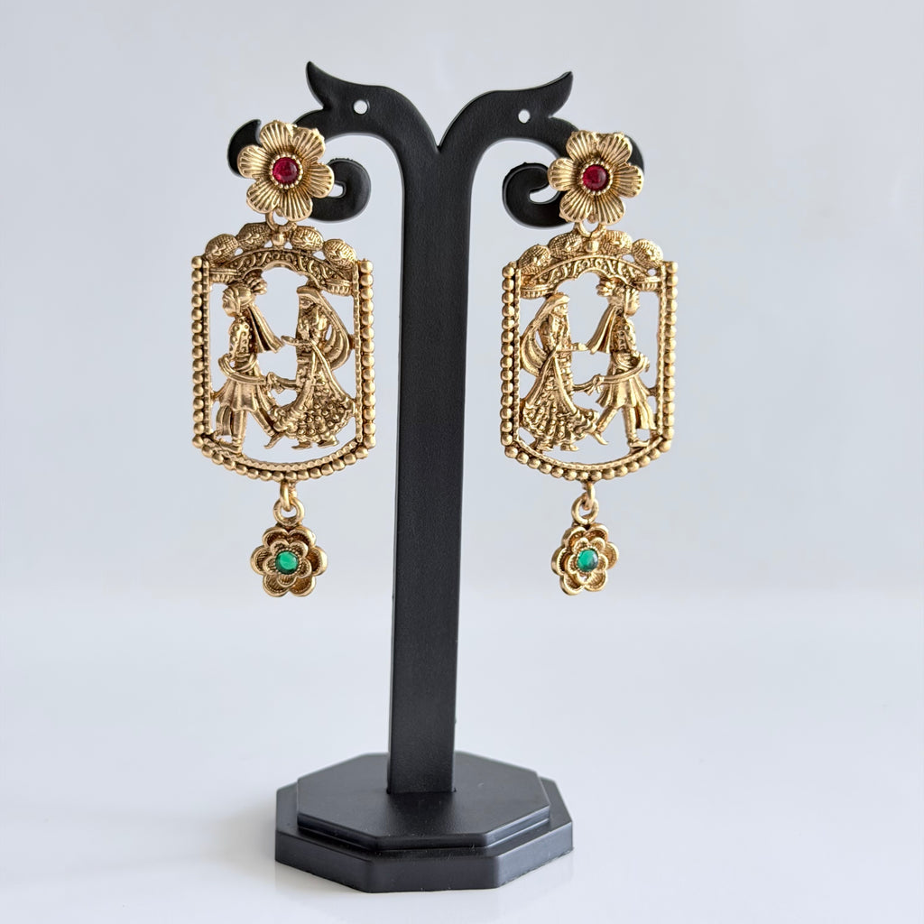 Rajwadi Romance Earrings – Antique Gold Statement Earrings with Floral Accents