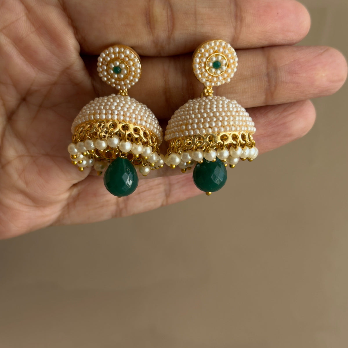 Pearl Jhumka Earrings with Emerald Green Drop