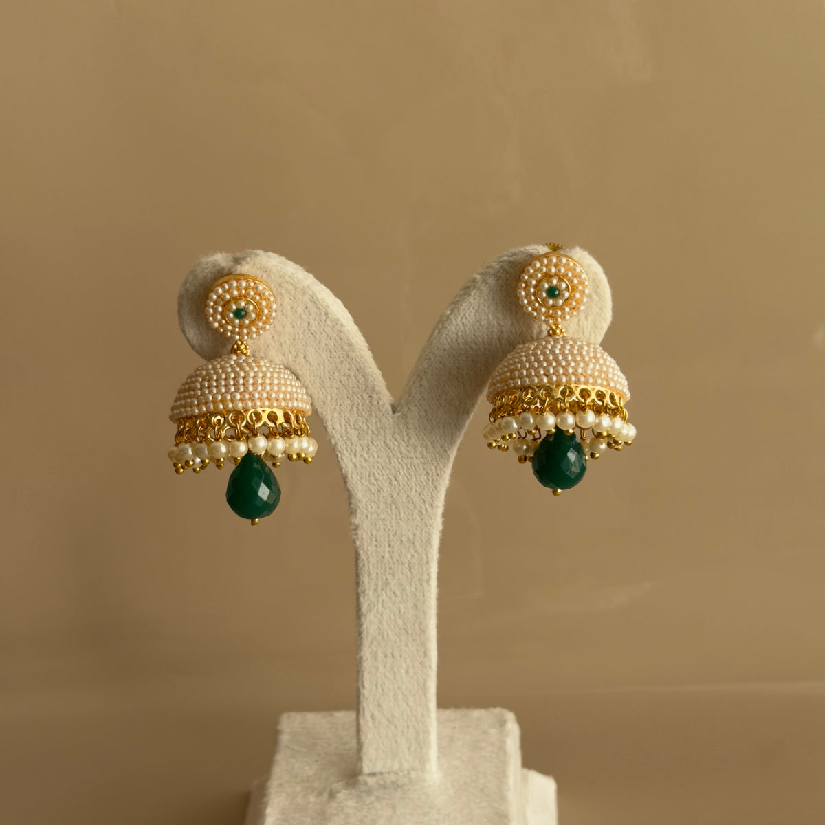 Pearl Jhumka Earrings with Emerald Green Drop