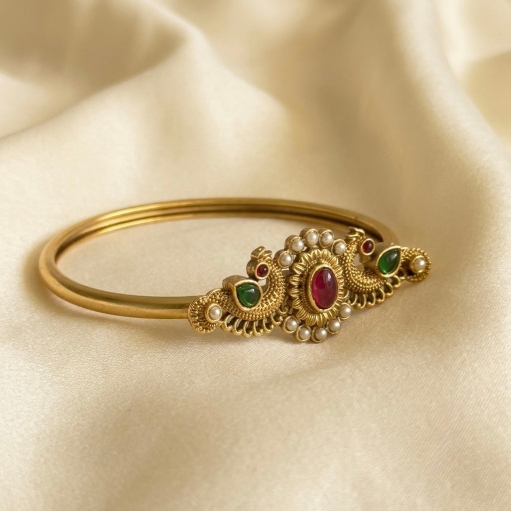 Floral Kada – Ruby, Emerald & Pearl