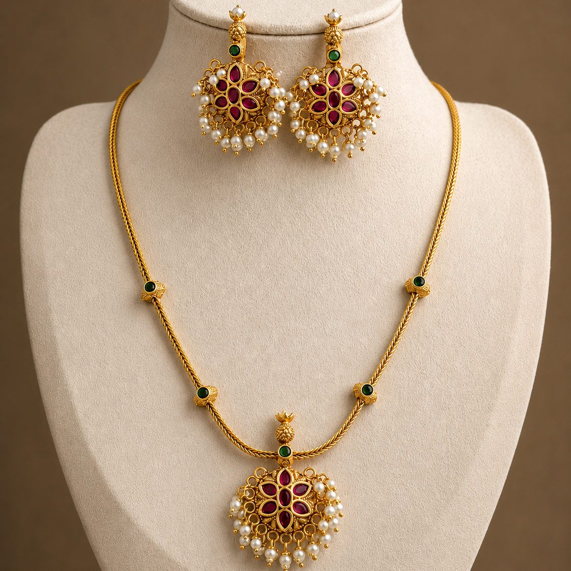 Gold temple jewellery set with kemp stones, pearl drops and emerald accents
