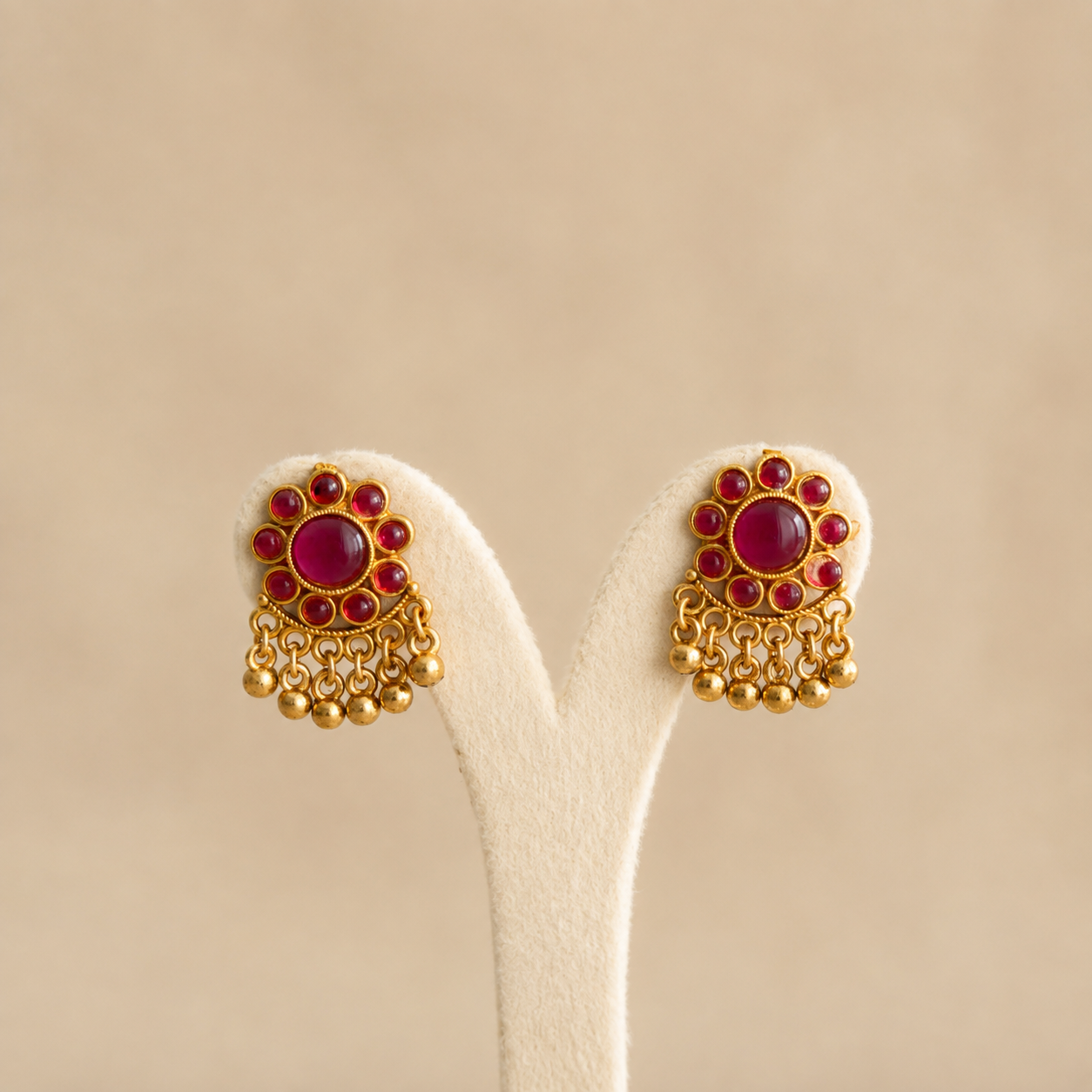 Ruby Kemp Floral Choker Necklace & Stud Earrings Set with Gold Bead Drops