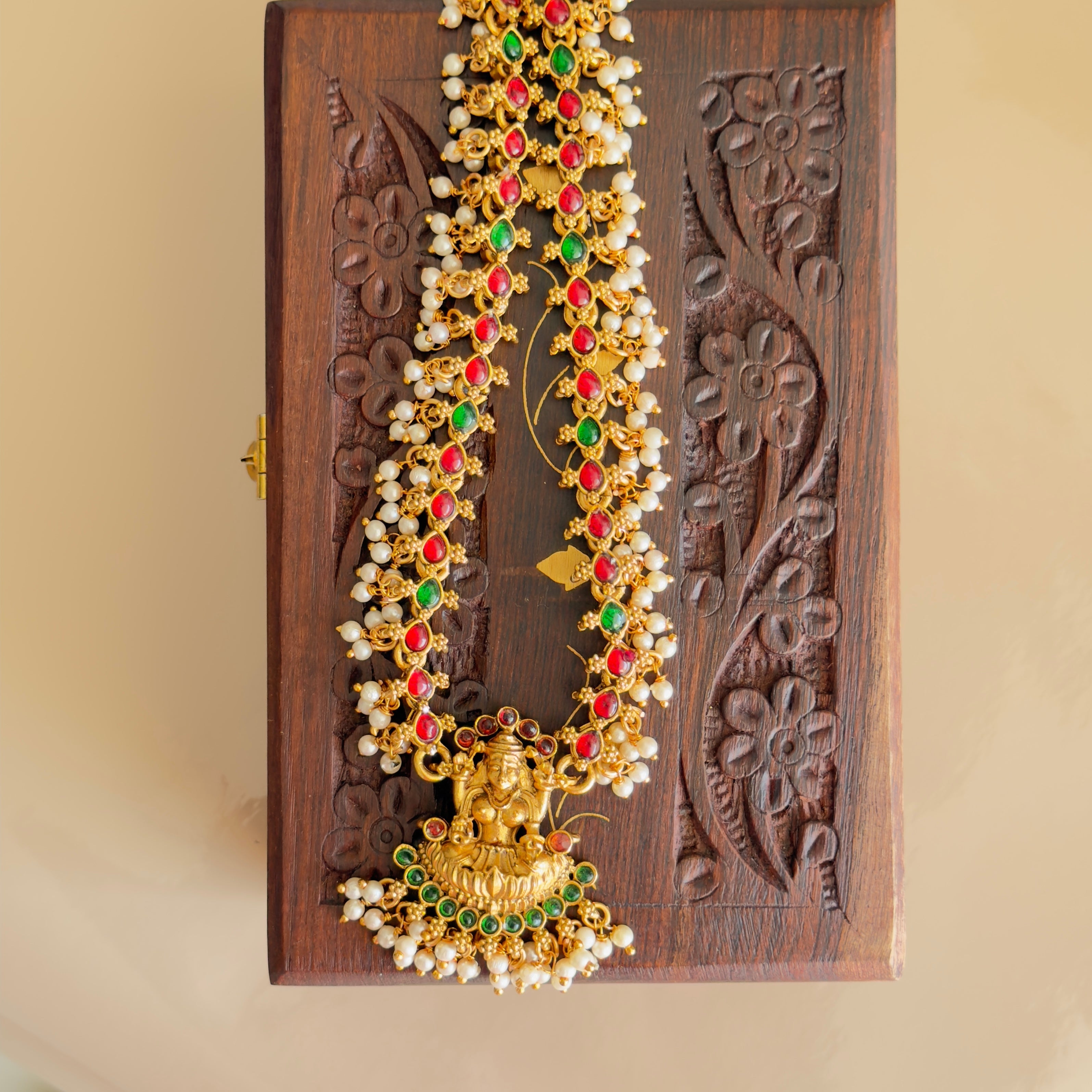 Antique Gold Lakshmi Temple Necklace with Kemp & Pearl Drops