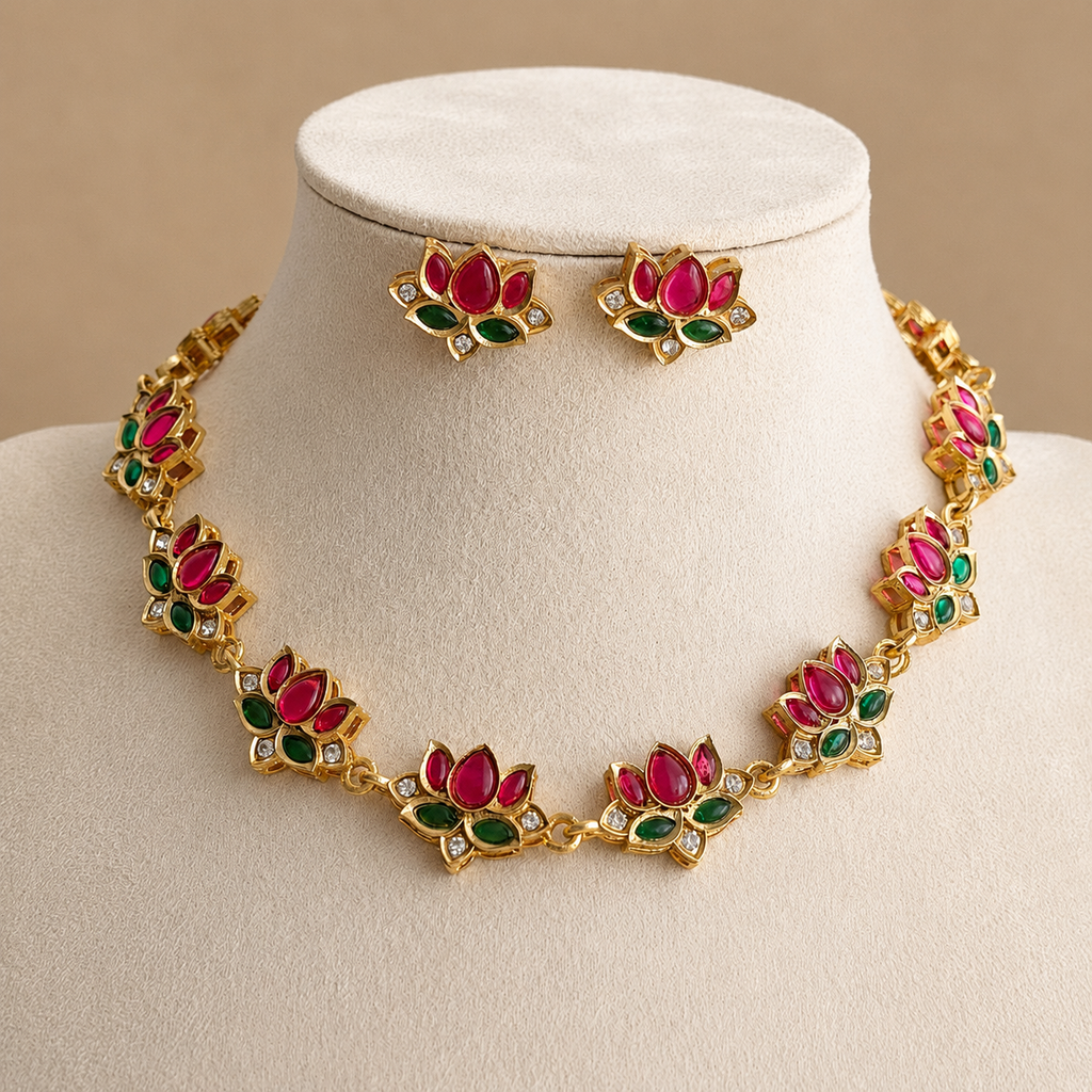 Ruby Green Lotus Necklace Set with Stud Earrings