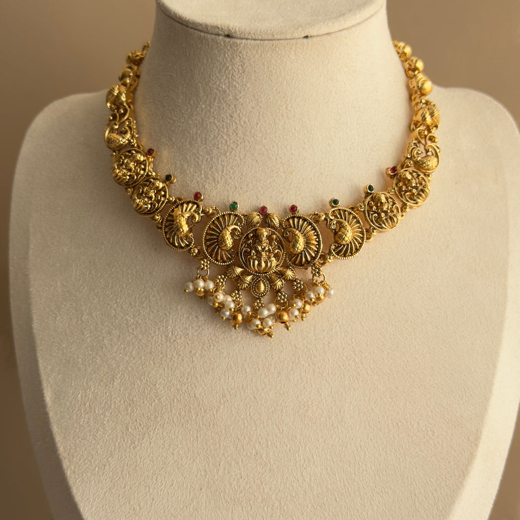 Lakshmi Nakshi Peacock Temple Necklace & Chandbali Earrings Set with Pearl Drops