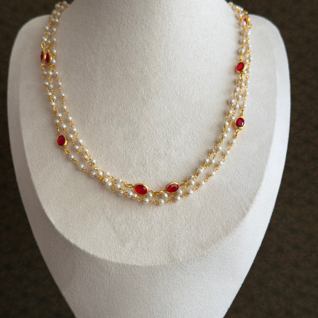 Triple Layered Pearl & Red Stone Gold Chain Necklace