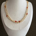 Triple Layered Pearl & Red Stone Gold Chain Necklace