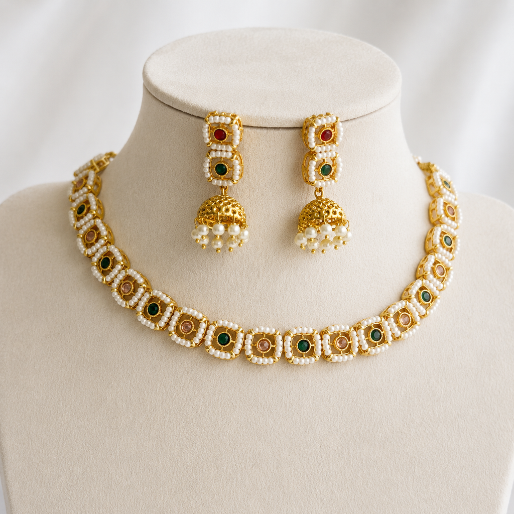 Pearl Square Motif Necklace Set with Jhumka Earrings