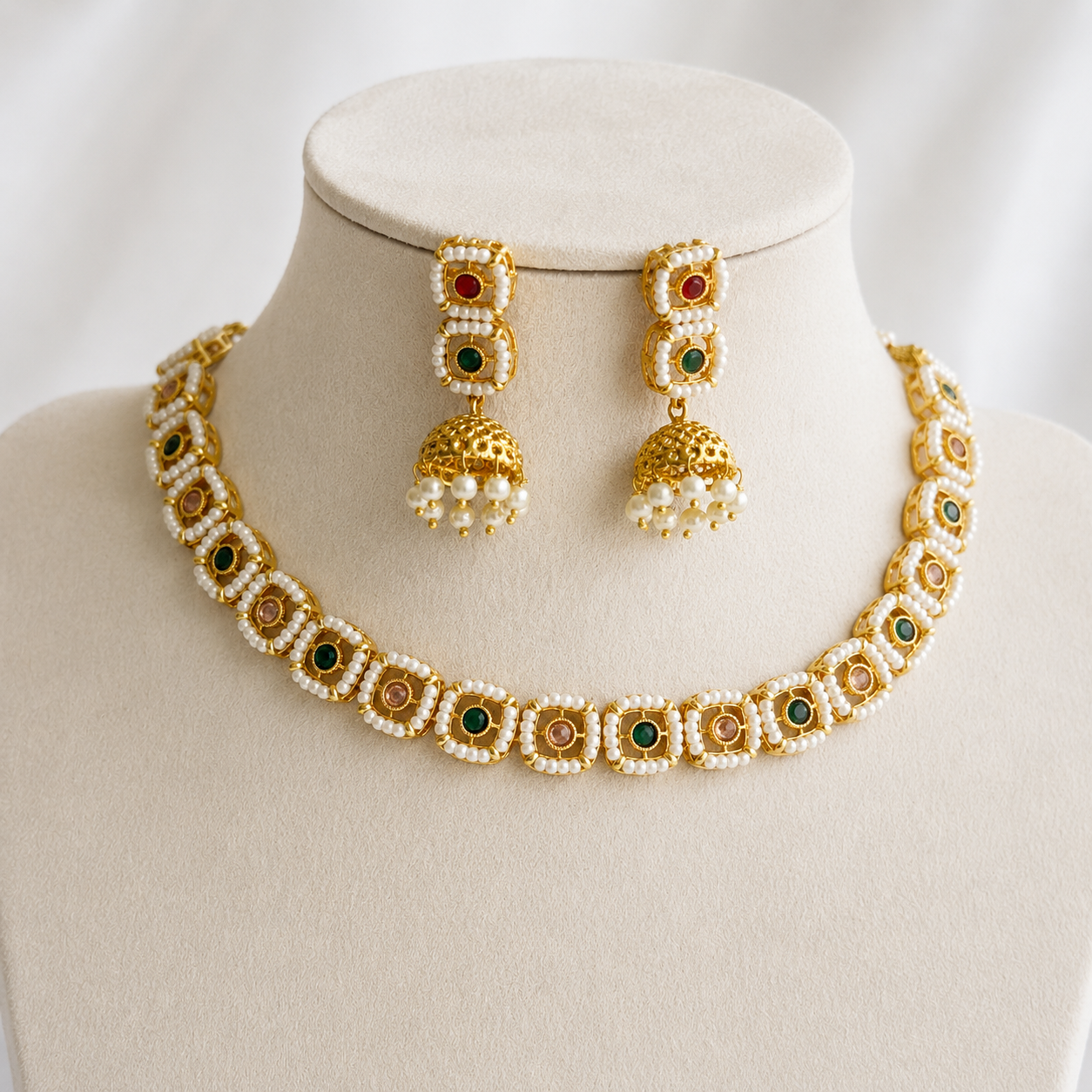 Pearl Square Motif Necklace Set with Jhumka Earrings