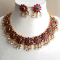 Kemp Ruby Emerald Floral Necklace & Earrings Set with Pearl Drops