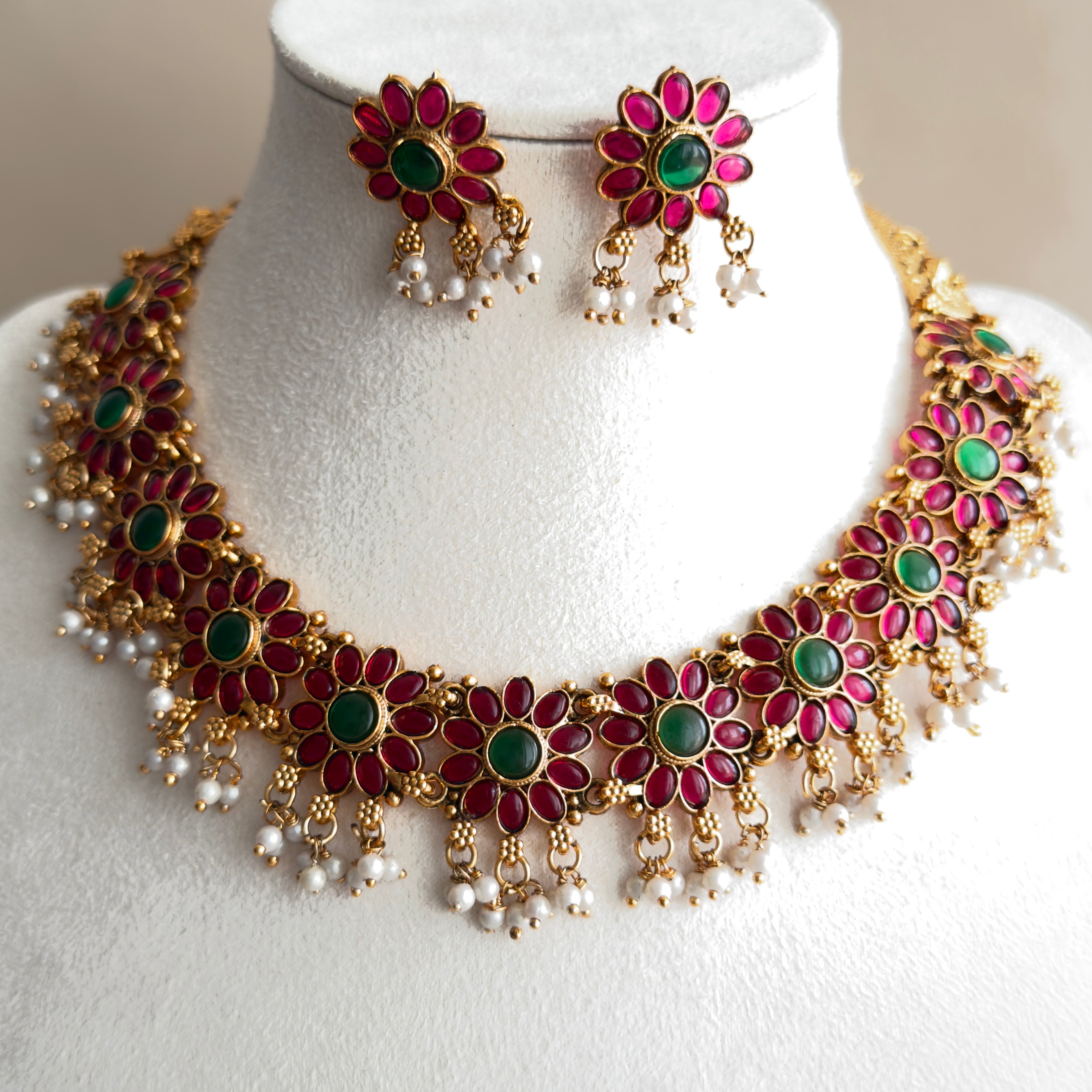 Kemp Ruby Emerald Floral Necklace & Earrings Set with Pearl Drops