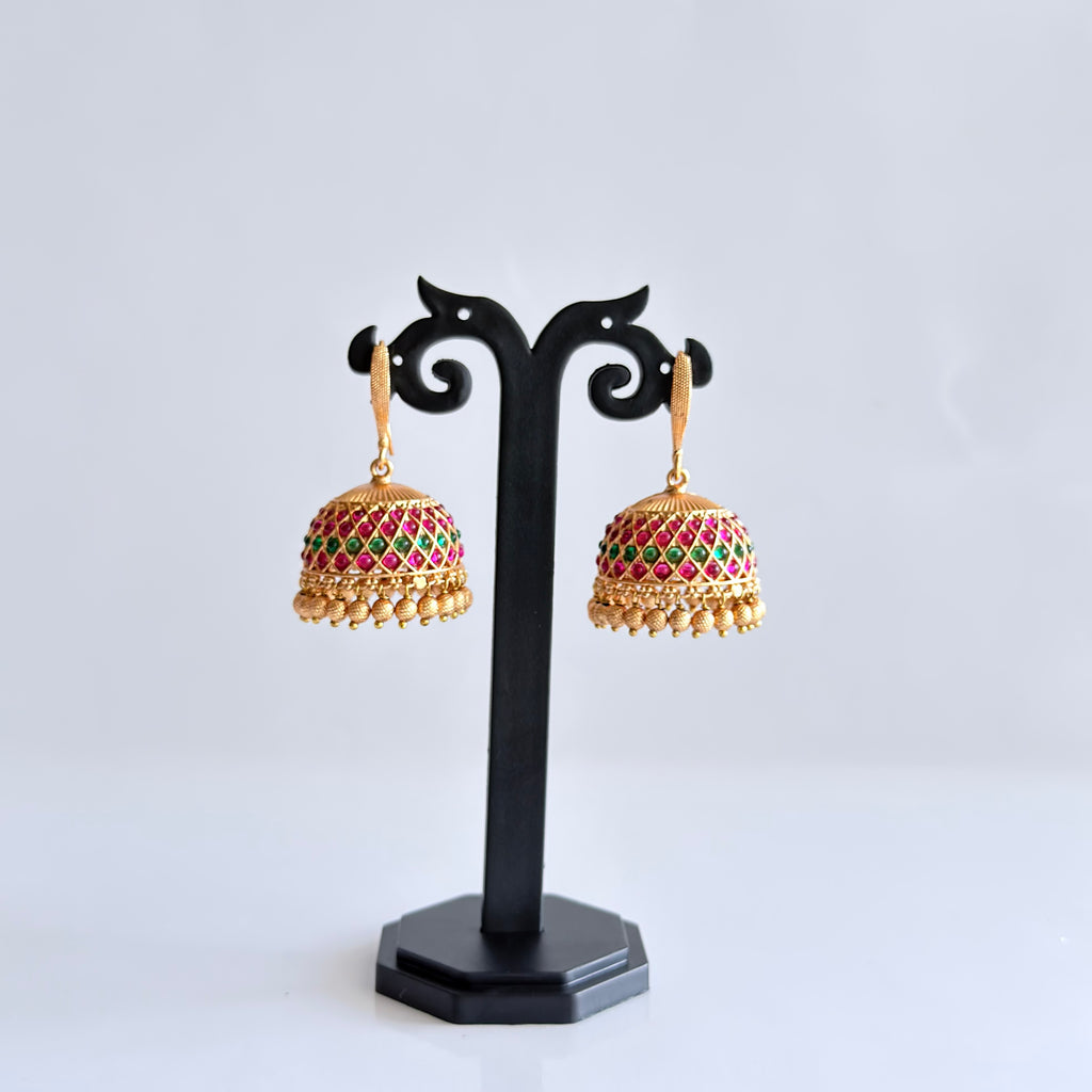 Ruby Emerald Gold Jhumka Earrings