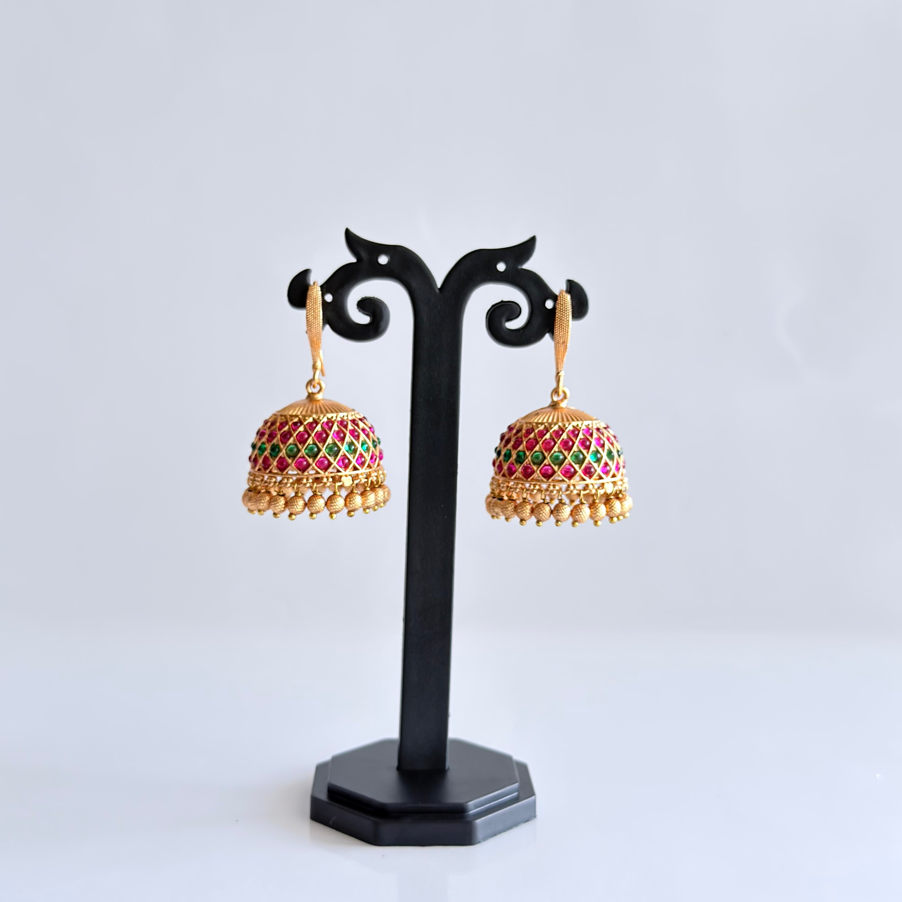 Ruby Emerald Gold Jhumka Earrings