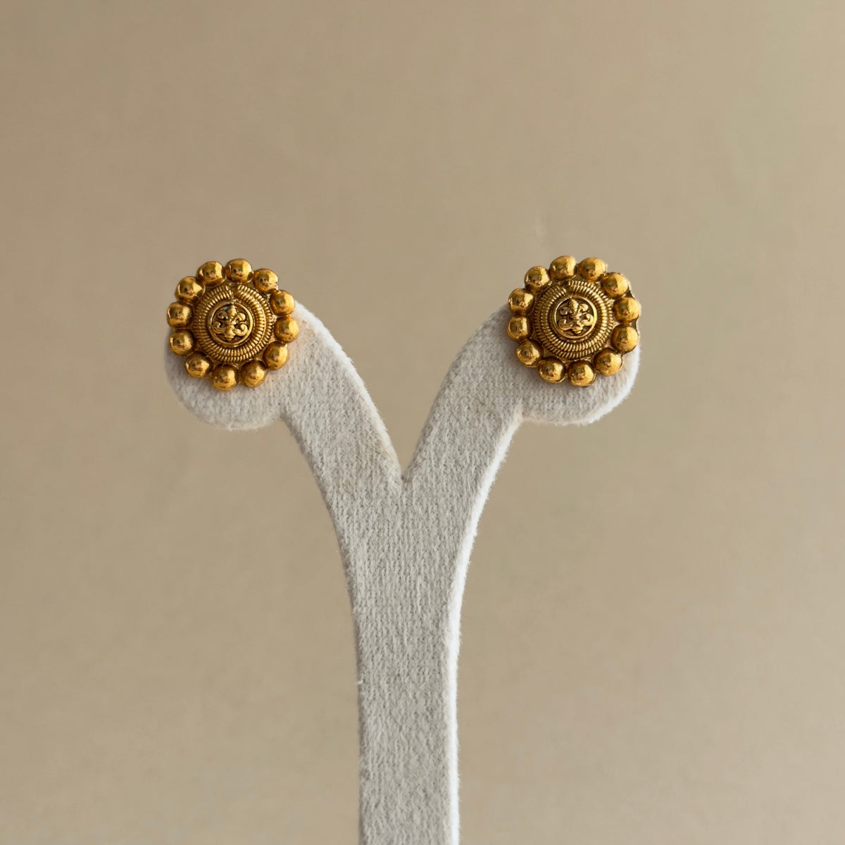 Antique Gold Beaded Necklace & Temple Stud Earrings Set