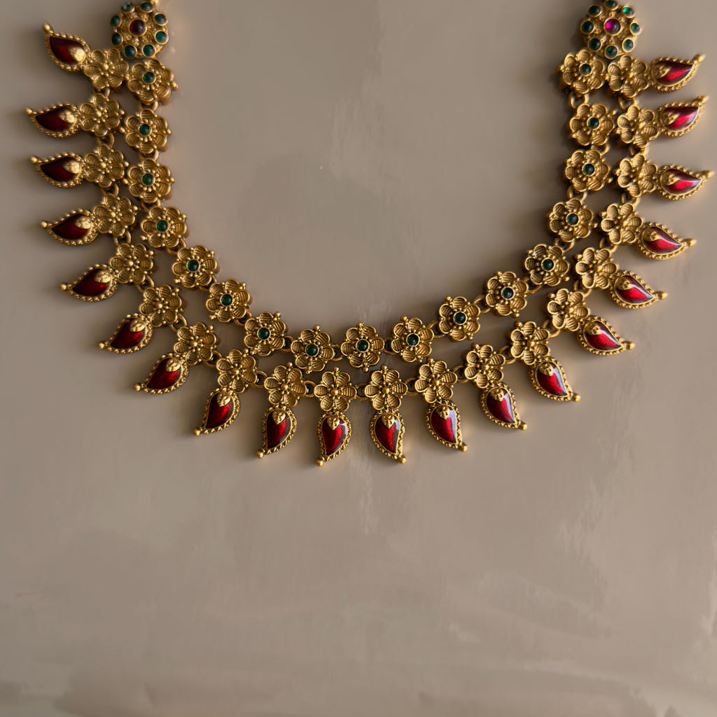 Antique Gold Floral Ruby Kemp Drop Necklace & Earrings Set