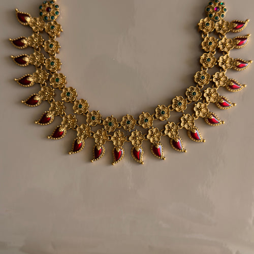 Antique Gold Floral Ruby Kemp Drop Necklace & Earrings Set