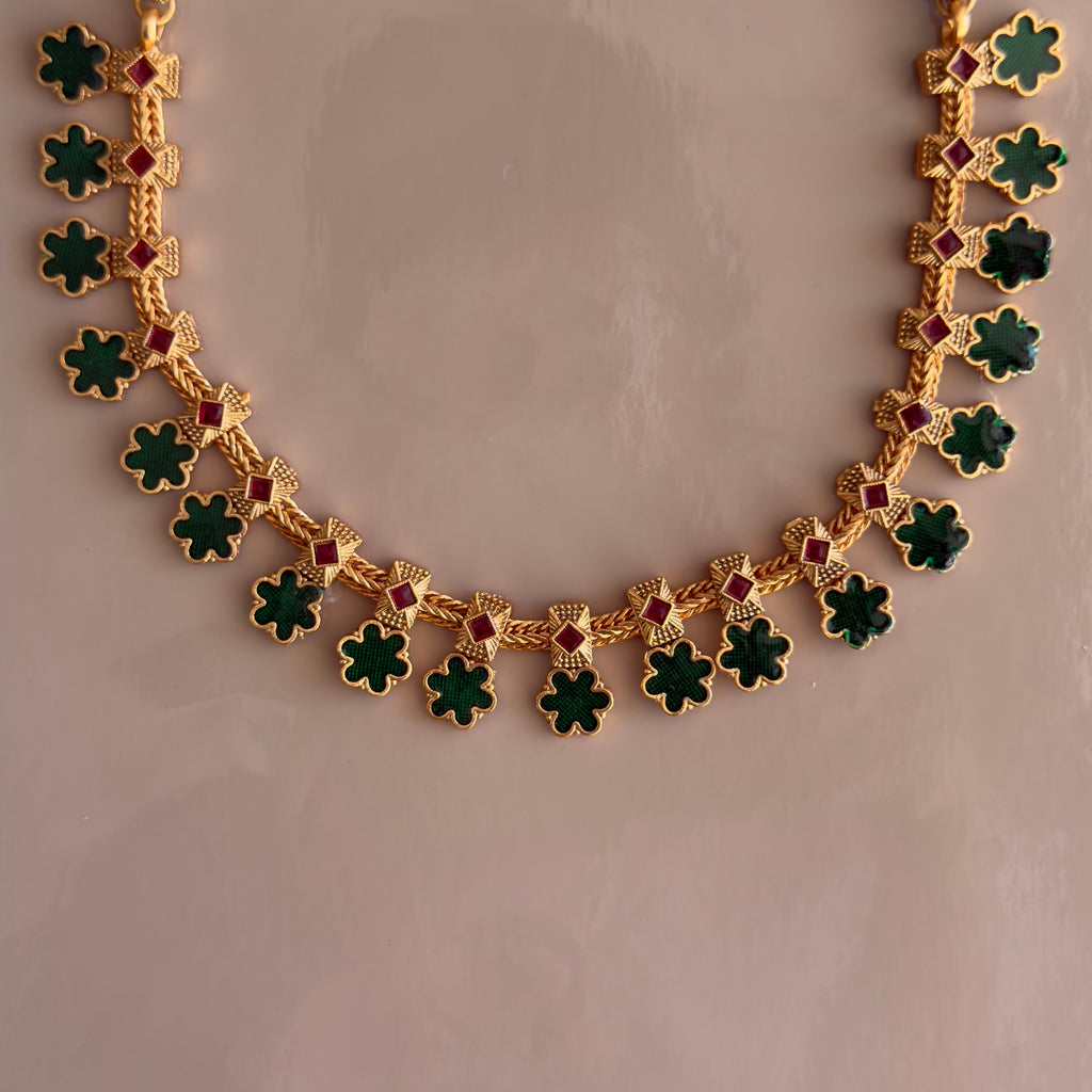 Green Enamel Palakka Necklace & Earrings Set