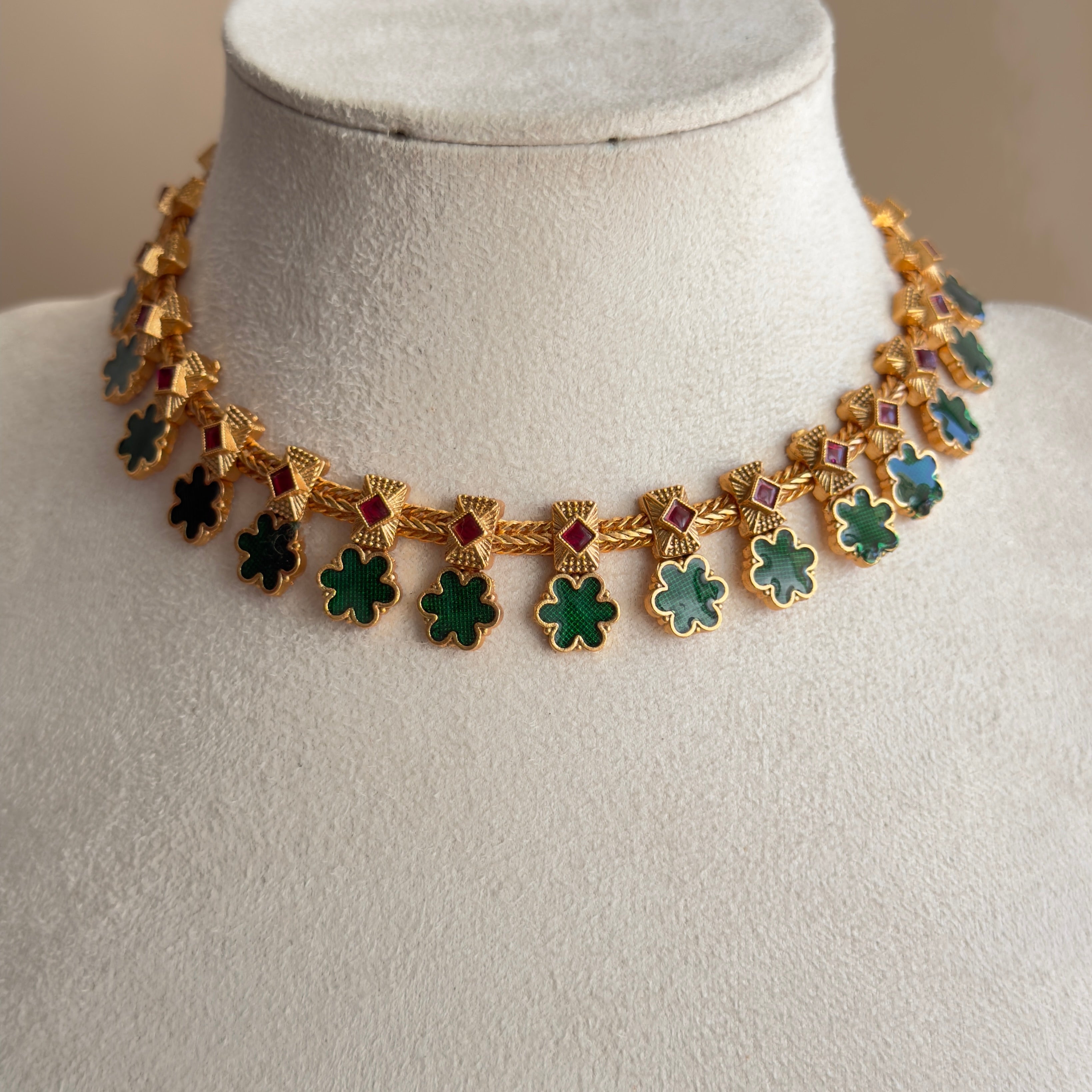 Green Enamel Palakka Necklace & Earrings Set